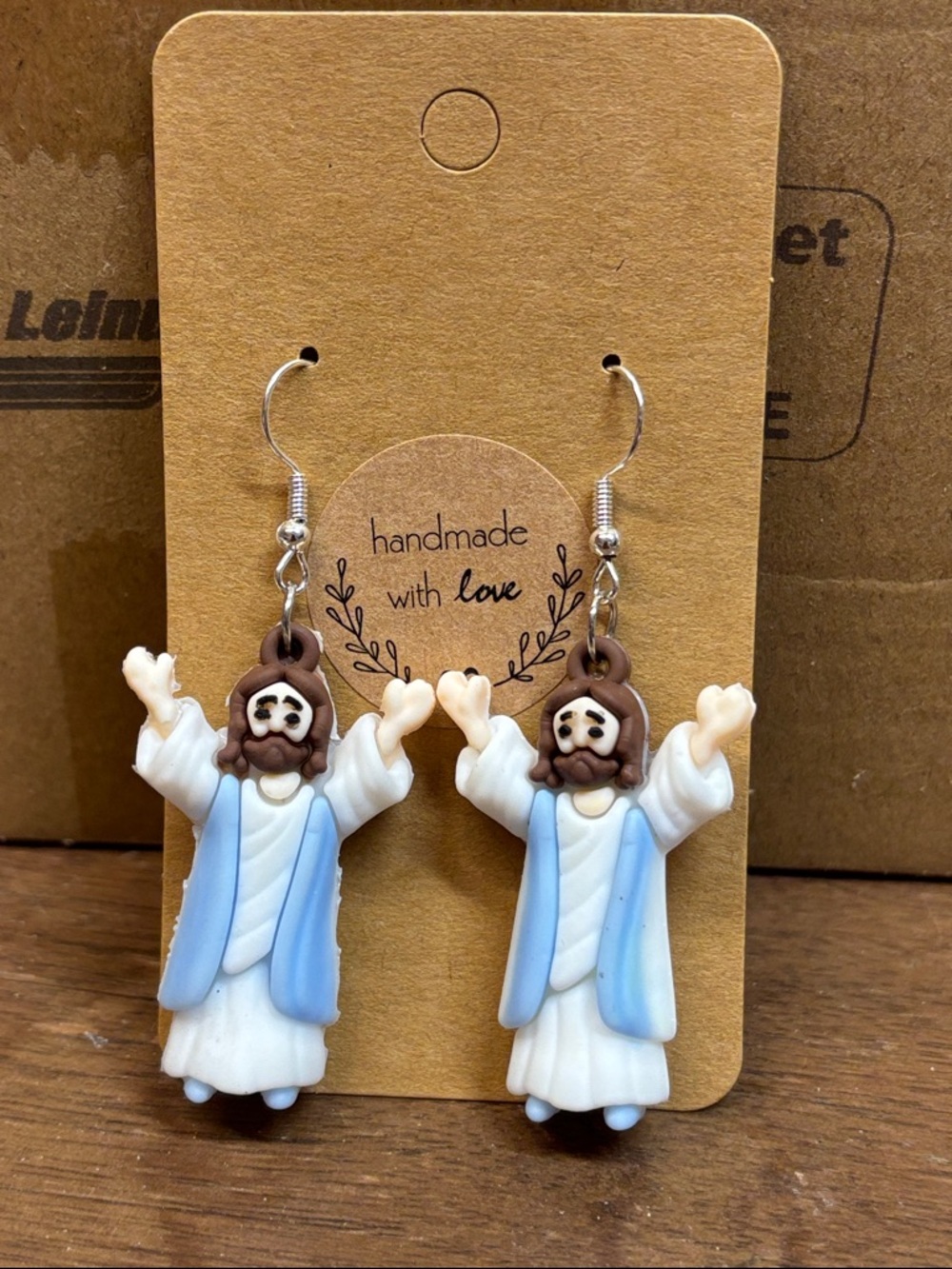 Handmade White and Blue Religious Figure Drop Earrings